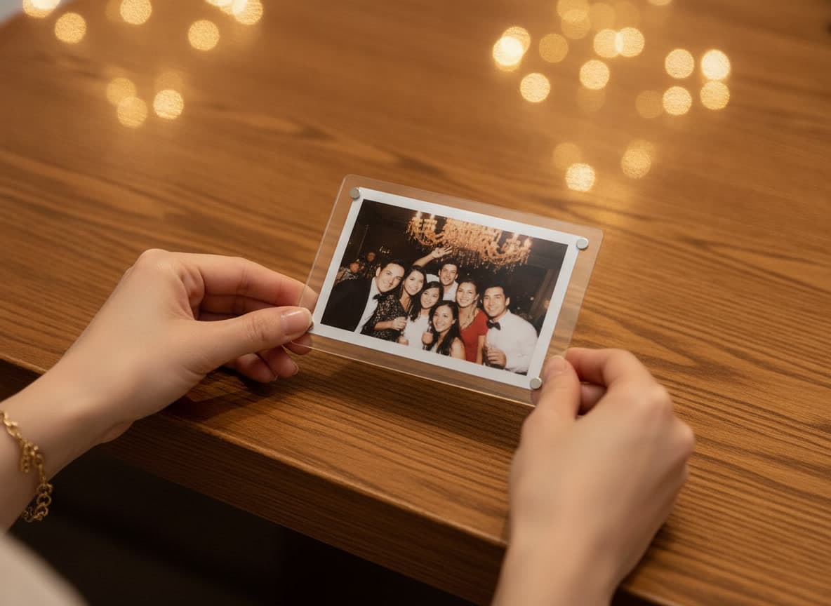 A guest slides a freshly printed photo into a clear acrylic magnetic frame