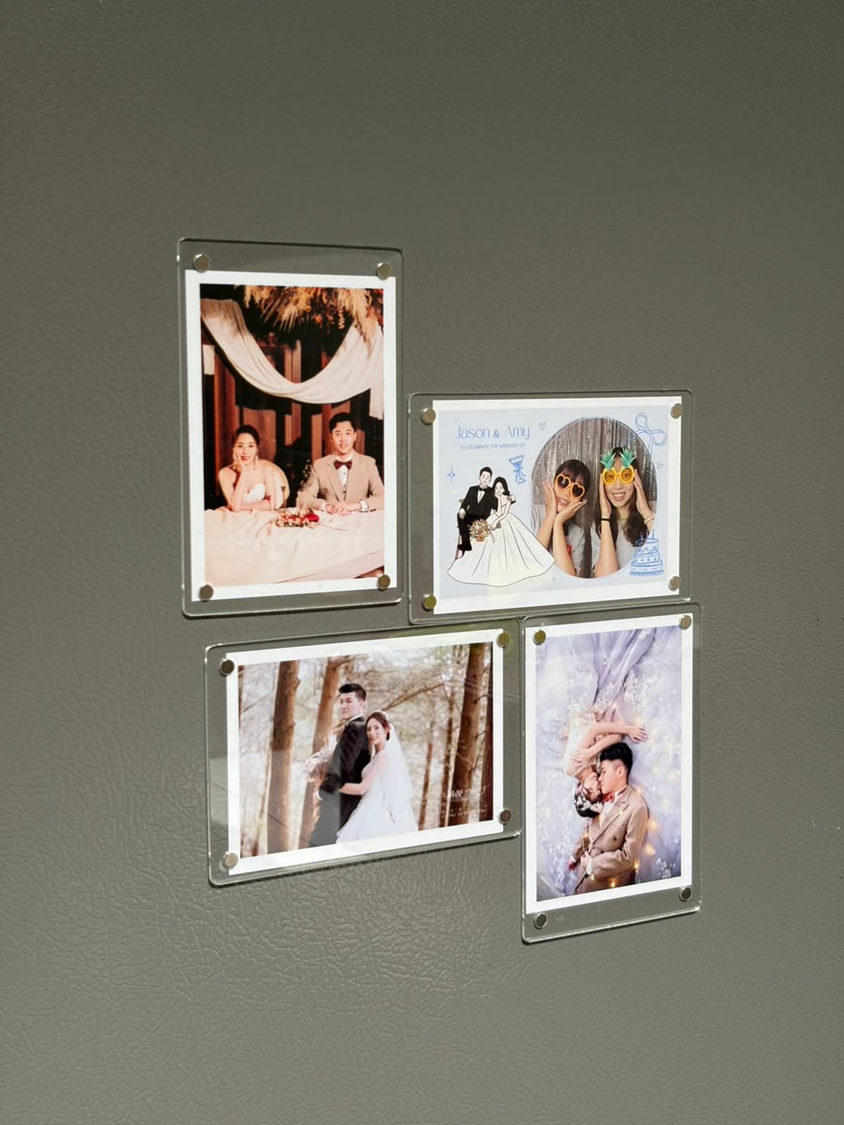 Real shot: acrylic photo magnets attached to a fridge door