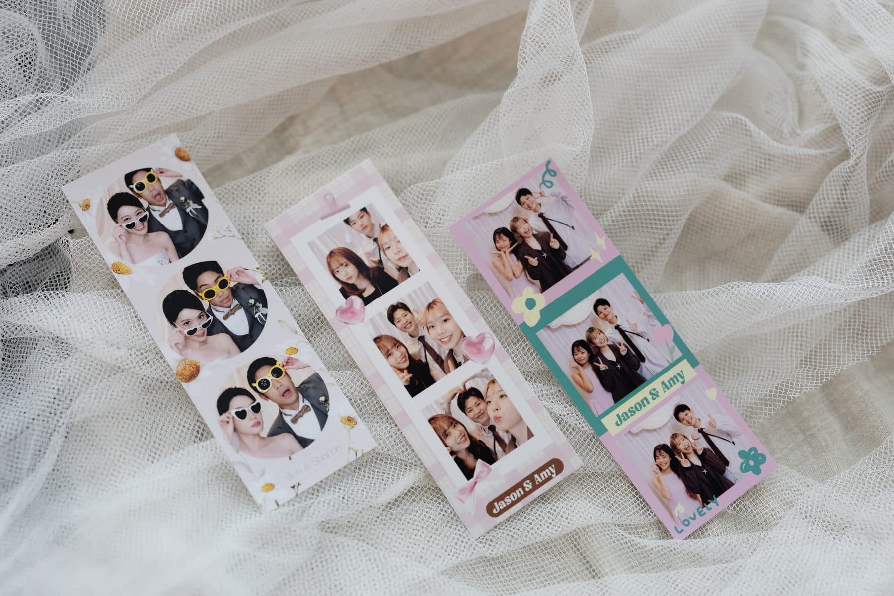 Three Korean-style four-frame photo strips with custom borders and guest names