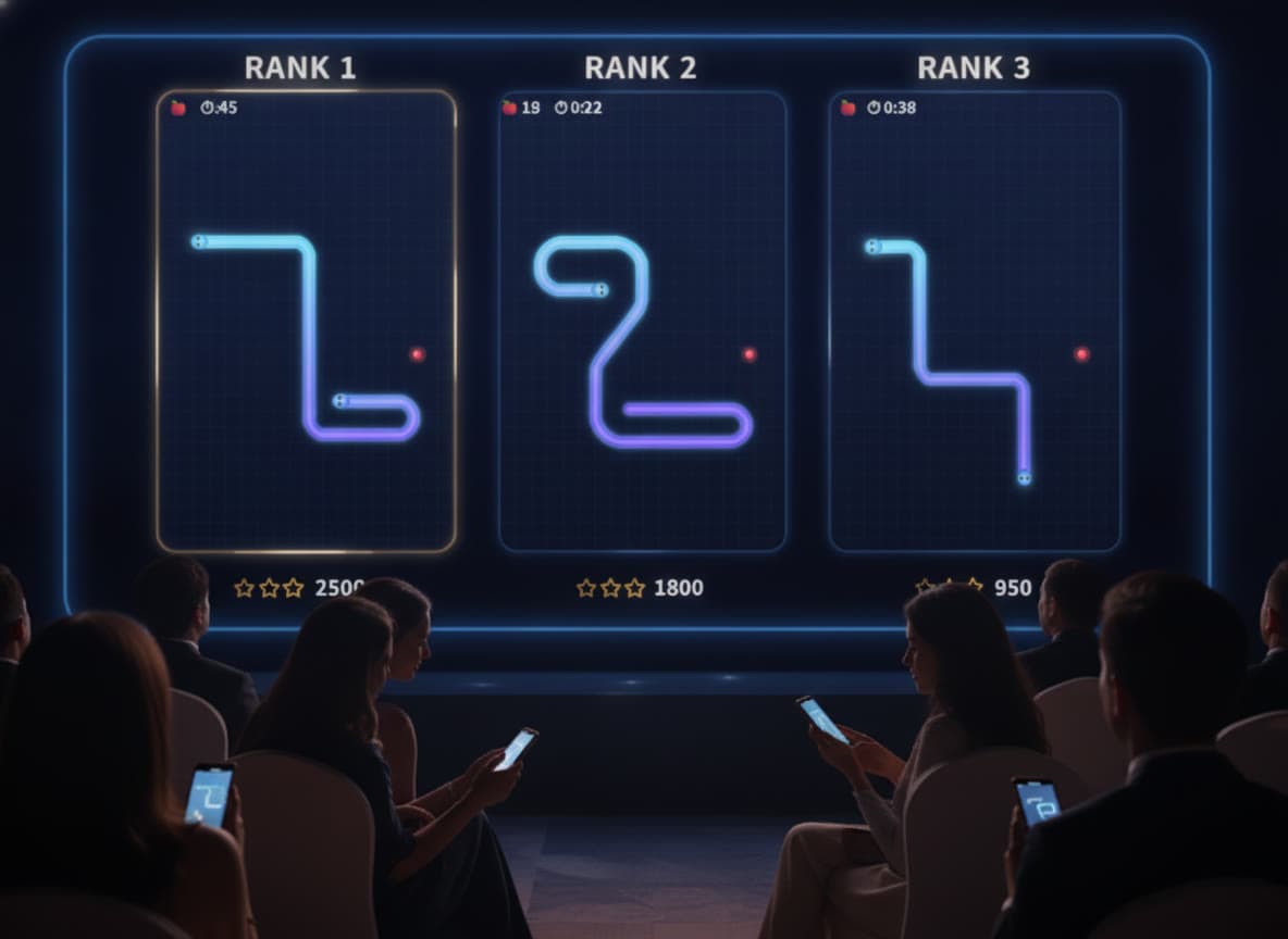 RANK 1–3 live cards broadcasting the leaders' snakes and lengths