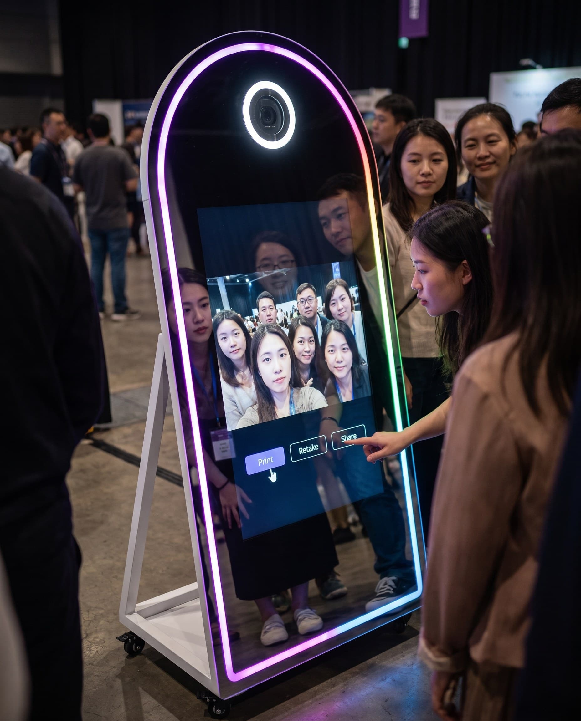 Close-up of a finger tapping the magic mirror touchscreen, RGB glow on the face